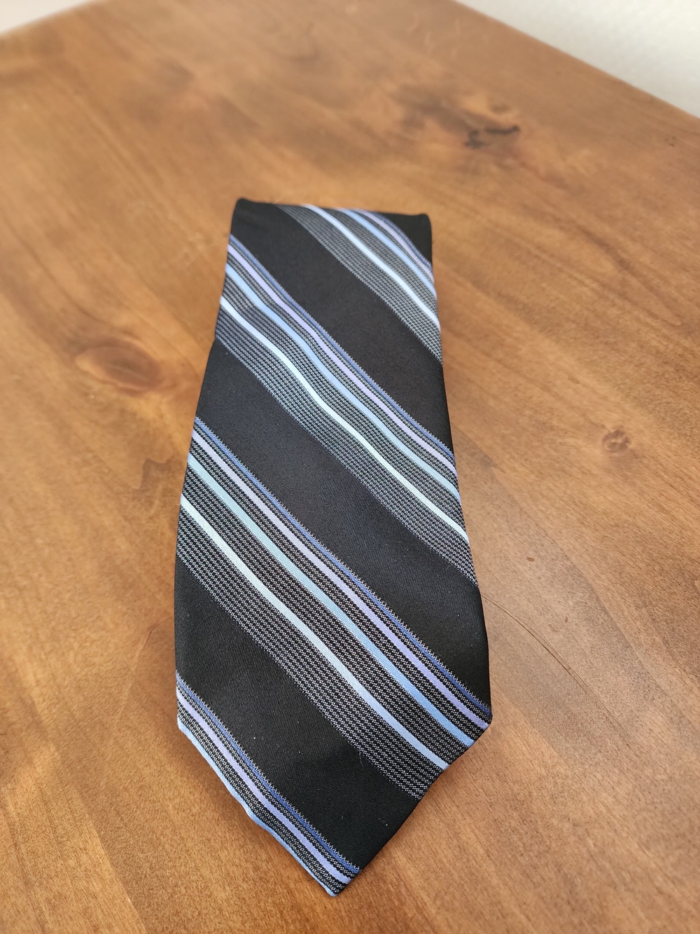 Classic 100% Silk Black Tie with Blue and Light Blue Stripes - Men Necktie